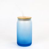 Frosted Clear Blank Sublimation 16 oz Beer Soda Can Shaped Drinking Gradient Beer Can Glass With Bamboo Lid And Straw
